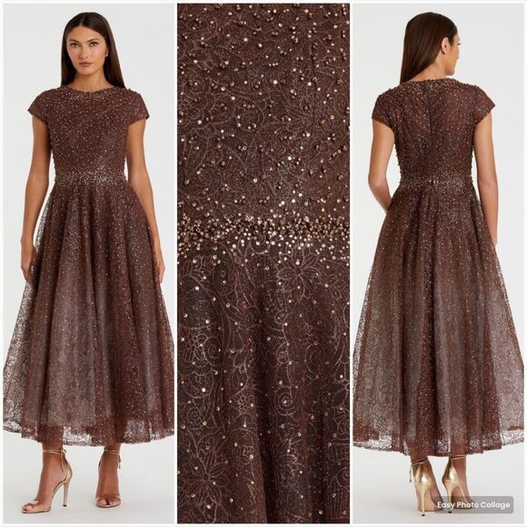 MAC DUGGAL 20371 Womens Brown Embellished Cap Sleeve A Line Dress - Picture 1 of 15